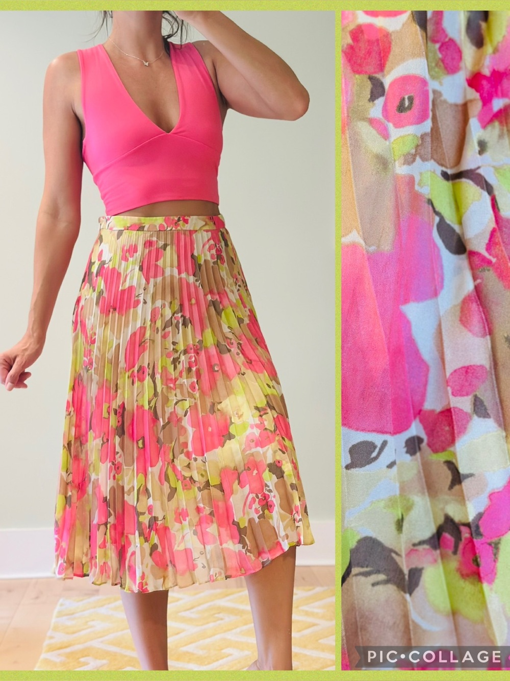 LOFT Floral Pleated Midi Skirt in Pink, Brown & Lime
